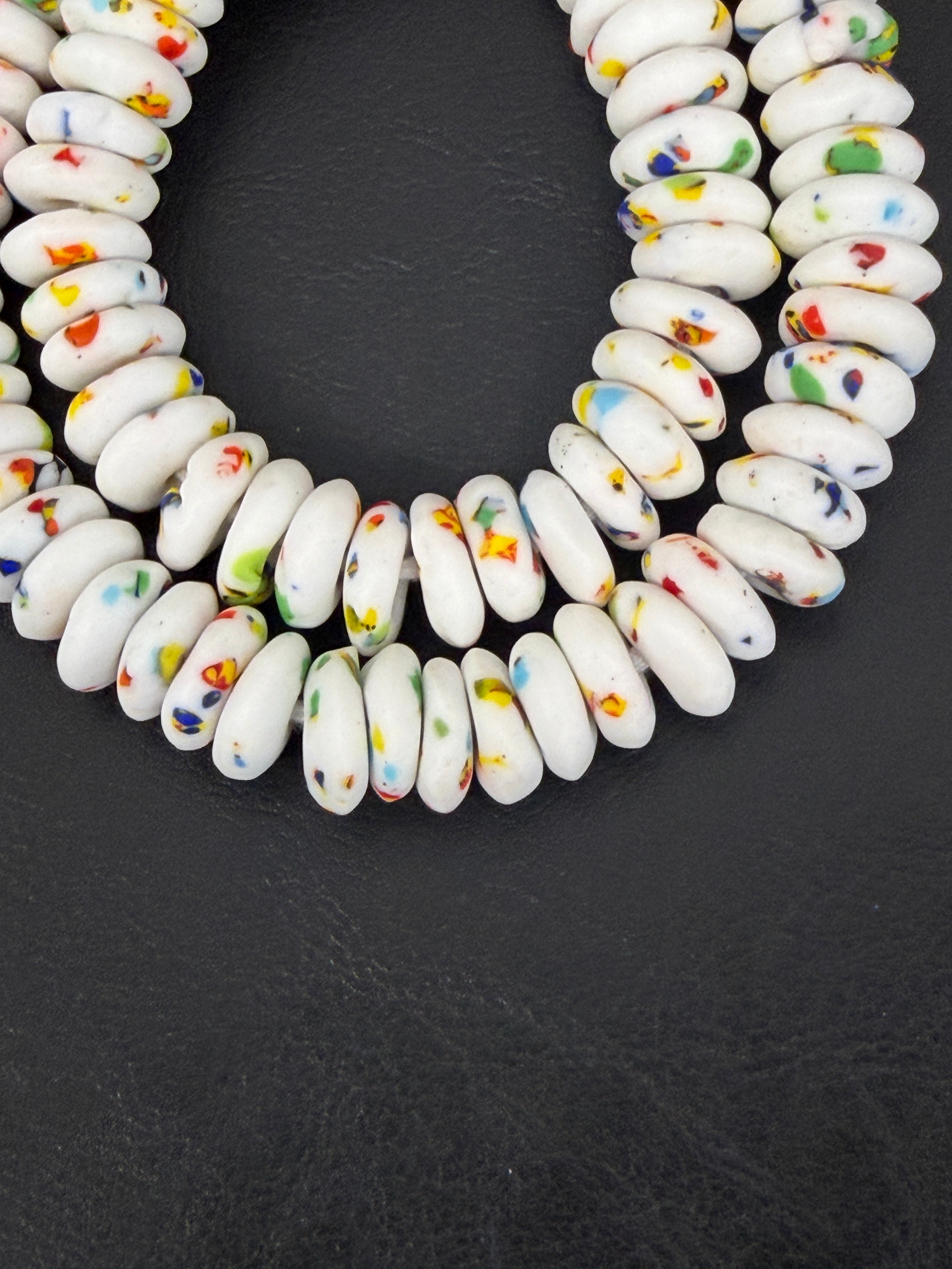 Handcrafted White Fused Krobo Rondelle Recycled Glass Beads from Ghana | Sustainable African Glass Beads