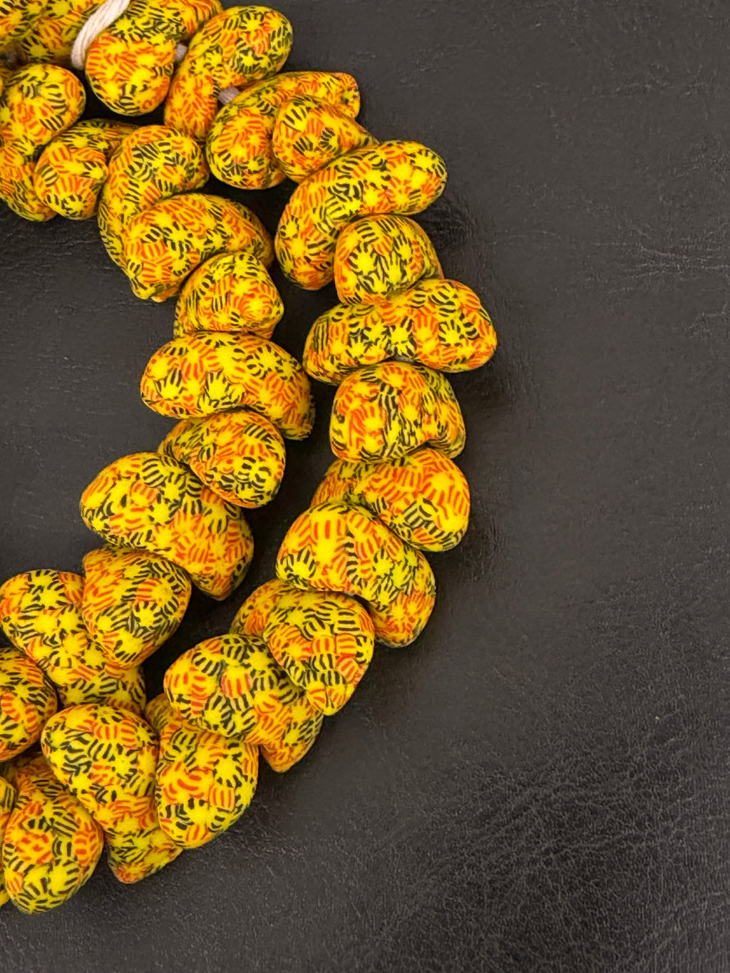 XL Sunburst Canoe-Shaped Krobo Powdered Glass Beads – Yellow Orange Black Patterned African Recycled Glass Beads | Handmade Ghana Glass Beads | Statement Jewelry Beads Strand