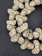 XL Canoe-Shaped Krobo Powdered Glass Beads – White, Green & Coral Patterned African Recycled Glass Beads | Handmade Ghana Glass Beads | Statement Jewelry Beads Strand