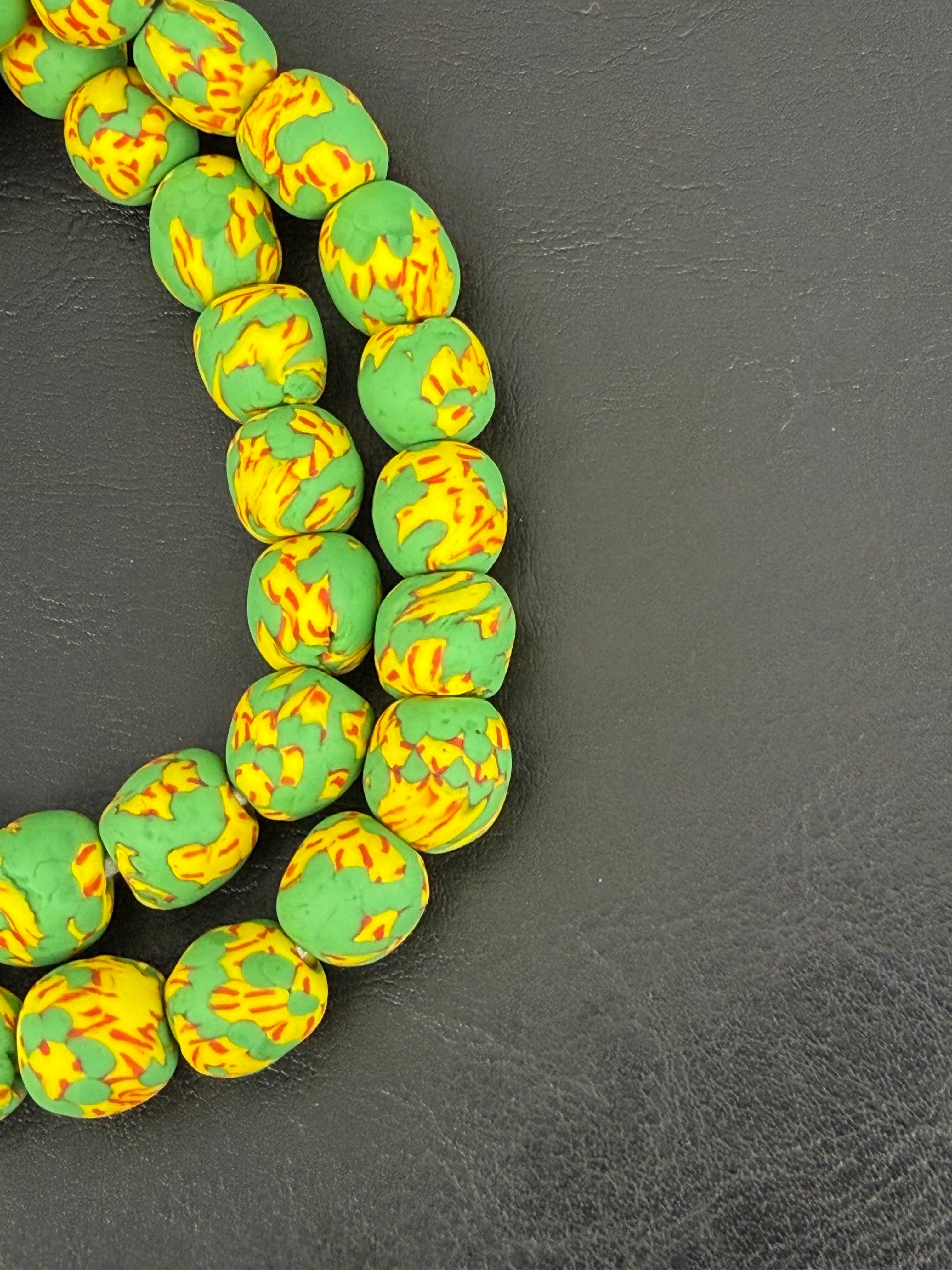 Fused Krobo Recycled Glass Beads 12–14mm | Green Yellow Handmade African Glass Beads from Ghana
