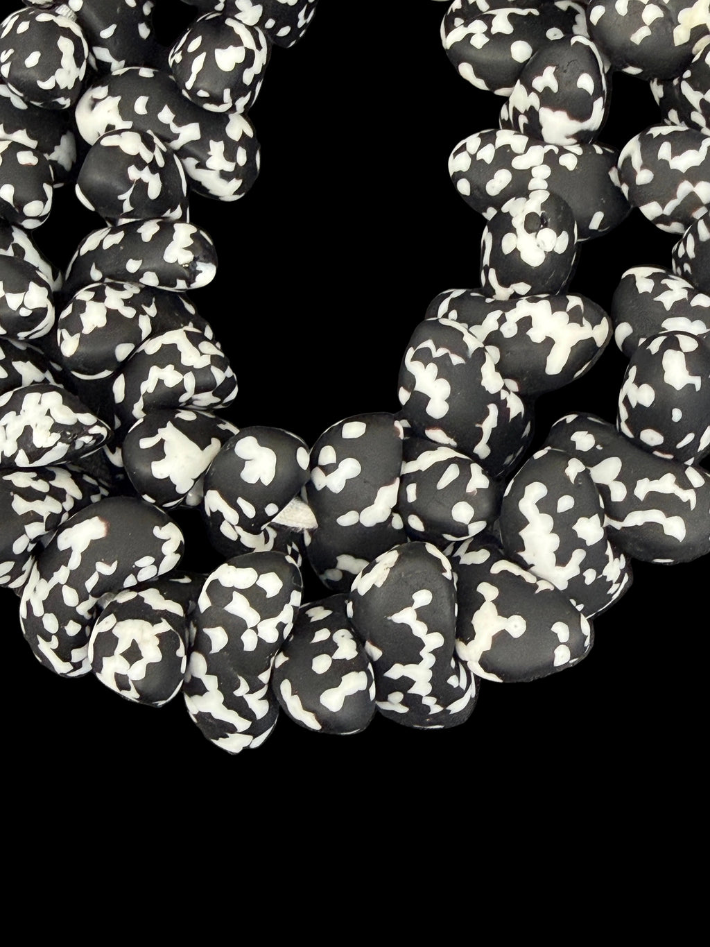 XL Black & White Canoe-Shaped Krobo Powdered Glass Beads – African Recycled Glass Statement Beads | Handmade Ghana Glass Beads | Designer Jewelry Making Strand