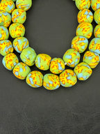 Fused Krobo Recycled Glass Beads 12–14mm | Pistachio Green Blue Yellow Handmade African Glass Beads from Ghana