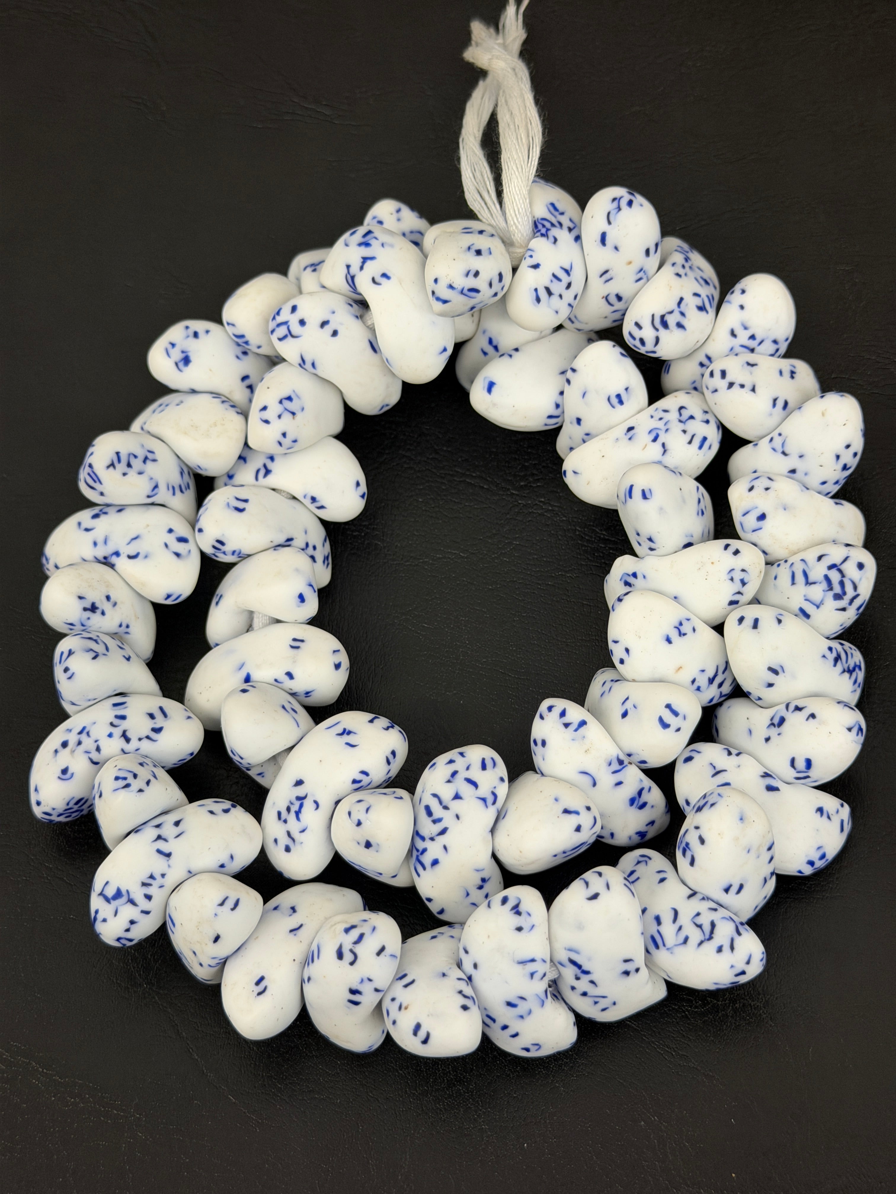 XL White & Cobalt Blue Canoe-Shaped Krobo Powdered Glass Beads | Handmade Recycled Glass Beads from Ghana | African Statement Beads