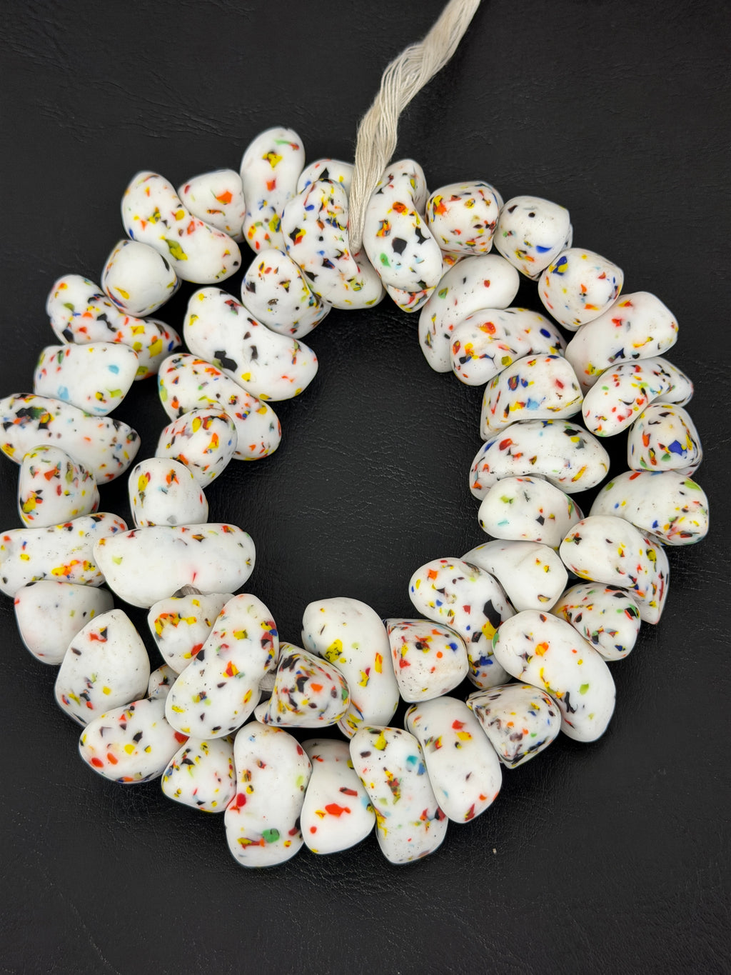 XL Confetti Snow Canoe-Shaped Krobo Powdered Glass Beads | White Multicolor Recycled Glass Beads | Handmade African Beads from Ghana