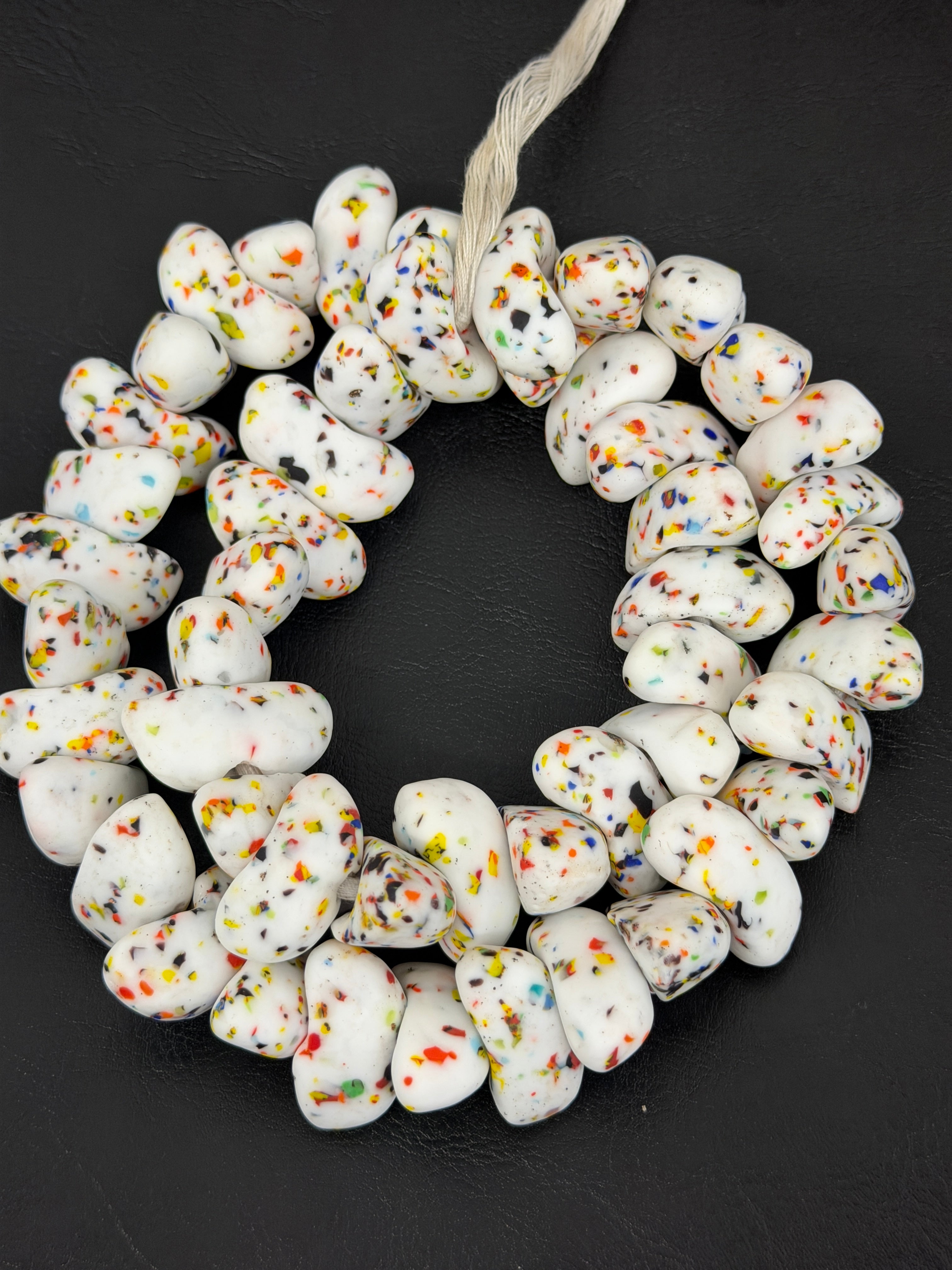 XL Confetti Snow Canoe-Shaped Krobo Powdered Glass Beads | White Multicolor Recycled Glass Beads | Handmade African Beads from Ghana