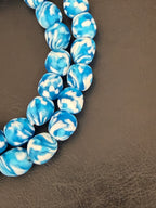 Fused Krobo Recycled Glass Beads 12–14mm | Aqua Blue & Ivory Handmade African Glass Beads from Ghana