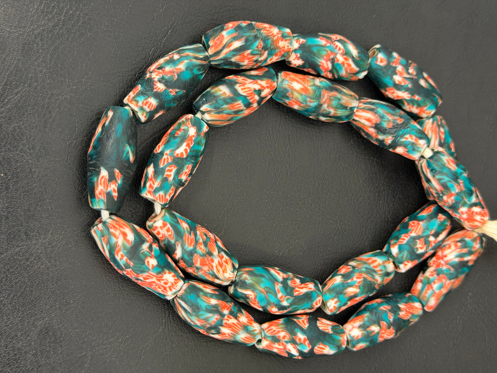 Teal and Coral Fused Krobo Recycled Glass Beads, Handmade African Glass Beads, Ghana Statement Jewelry Supplies