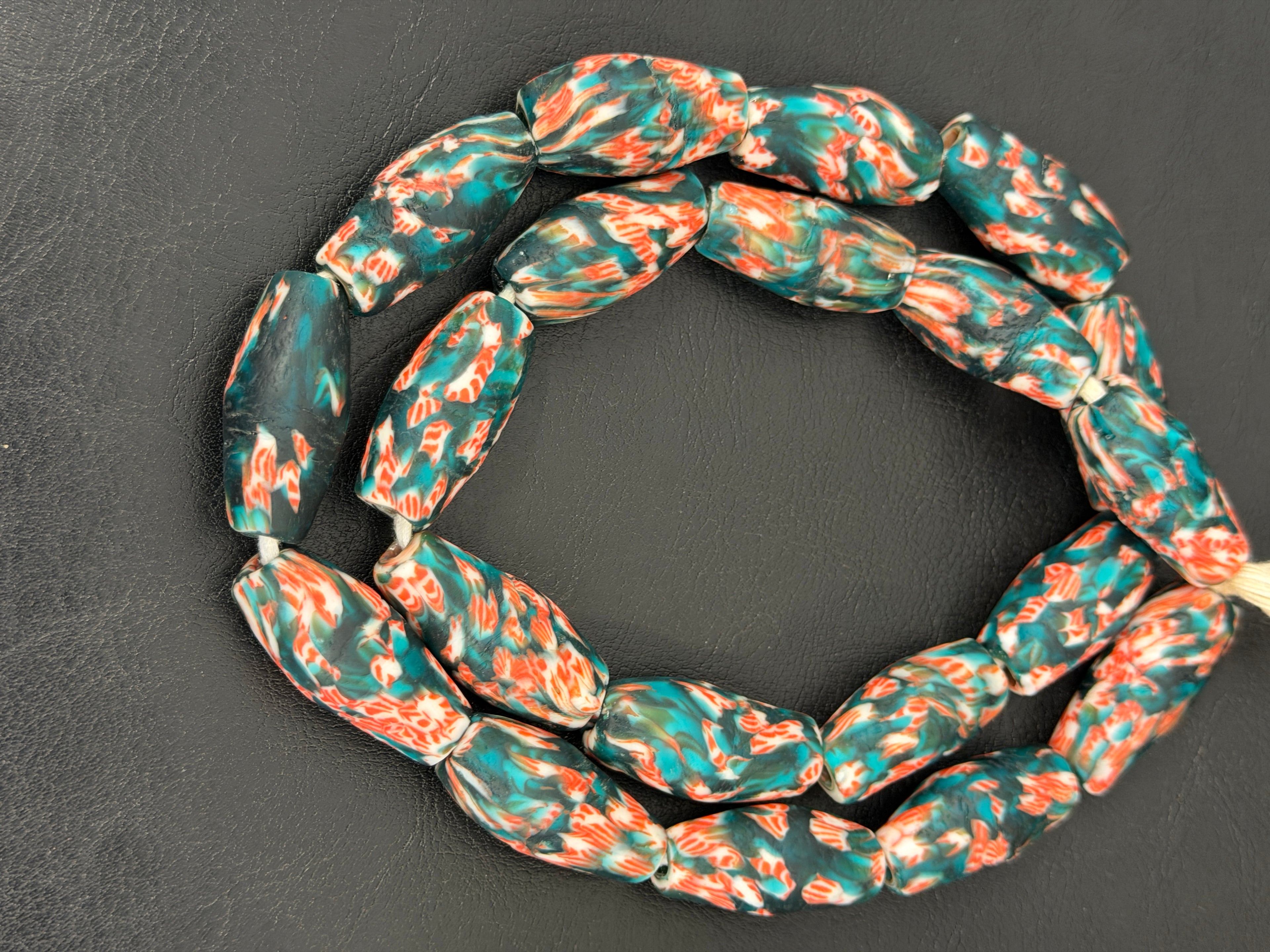 Teal and Coral Fused Krobo Recycled Glass Beads, Handmade African Glass Beads, Ghana Statement Jewelry Supplies