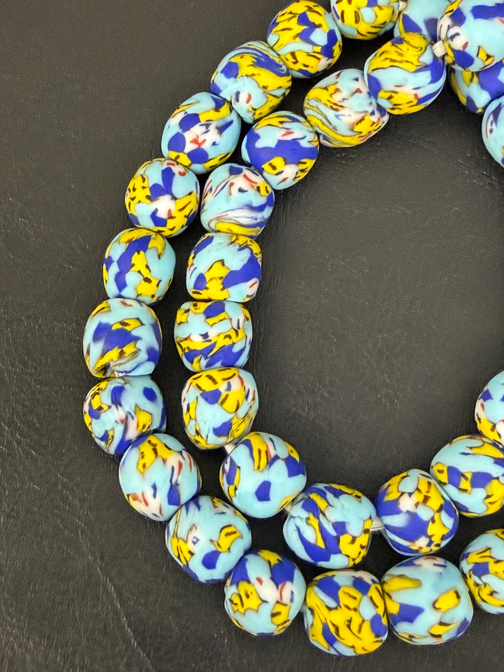 Authentic Fused Krobo Recycled Glass Beads 12–14mm | Blue Yellow African Glass Beads | Handmade in Ghana