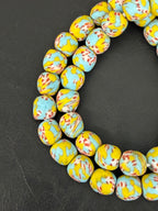 Sky Blue & Ivory Fused Krobo Recycled Glass Beads 12–14mm | Handmade African Glass Beads from Ghana | 44 Beads Per Strand