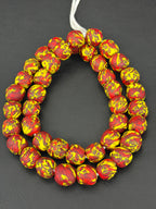 Fused Krobo Recycled Glass Beads 12–14mm | Crimson Red Yellow Handmade African Glass Beads from Ghana
