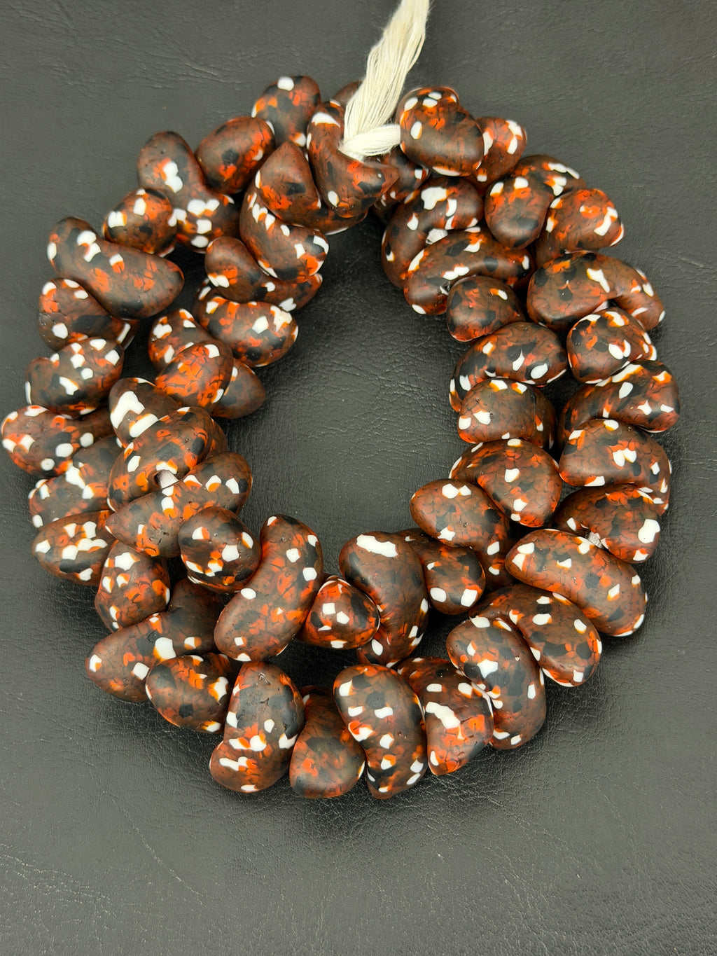 XL Cocoa Ember Canoe-Shaped Krobo Powdered Glass Beads | Brown, Rust & Ivory Recycled Glass Beads | Handmade African Beads from Ghana