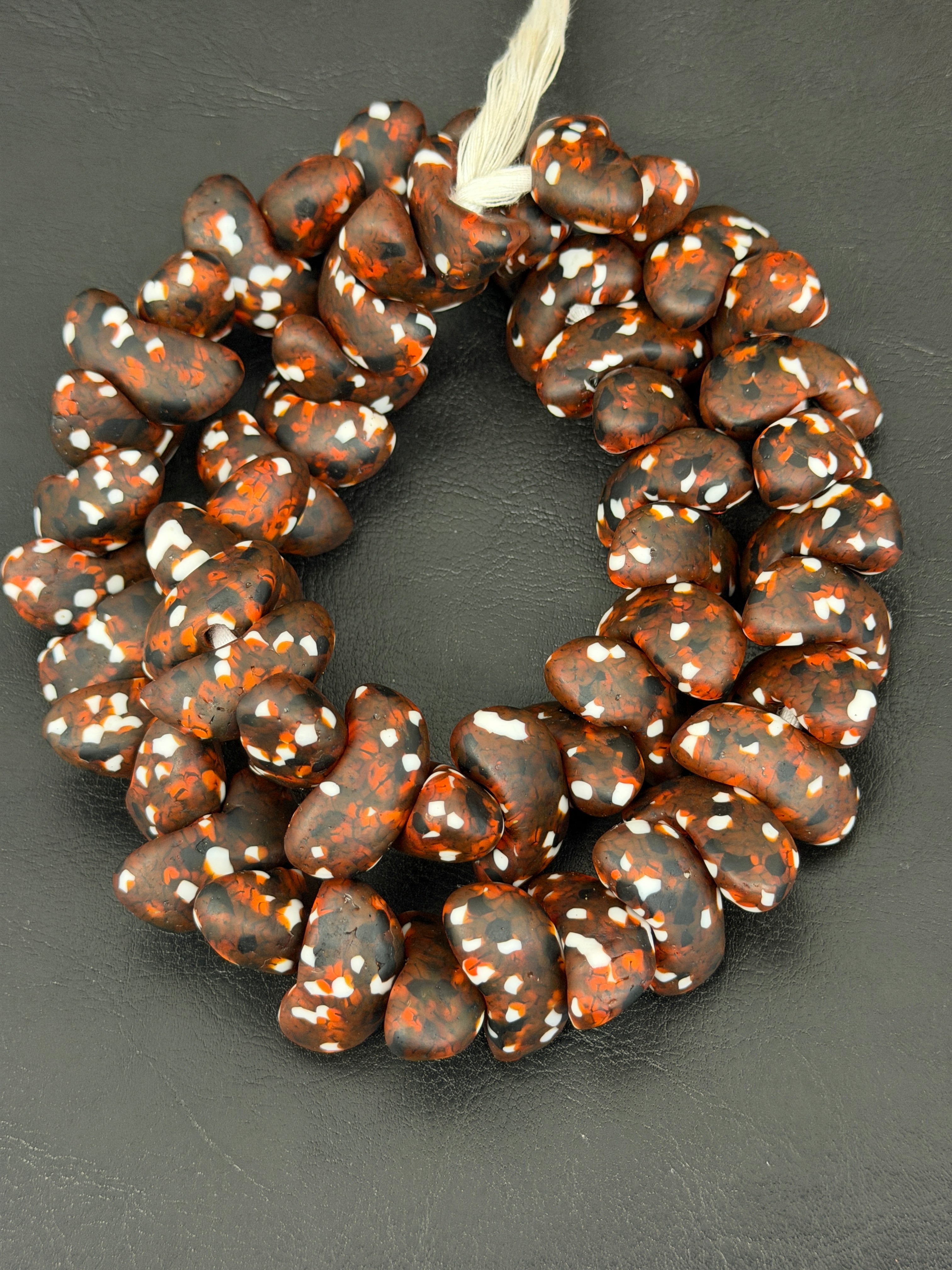XL Cocoa Ember Canoe-Shaped Krobo Powdered Glass Beads | Brown, Rust & Ivory Recycled Glass Beads | Handmade African Beads from Ghana