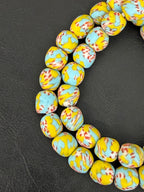 Sky Blue & Ivory Fused Krobo Recycled Glass Beads 12–14mm | Handmade African Glass Beads from Ghana | 44 Beads Per Strand