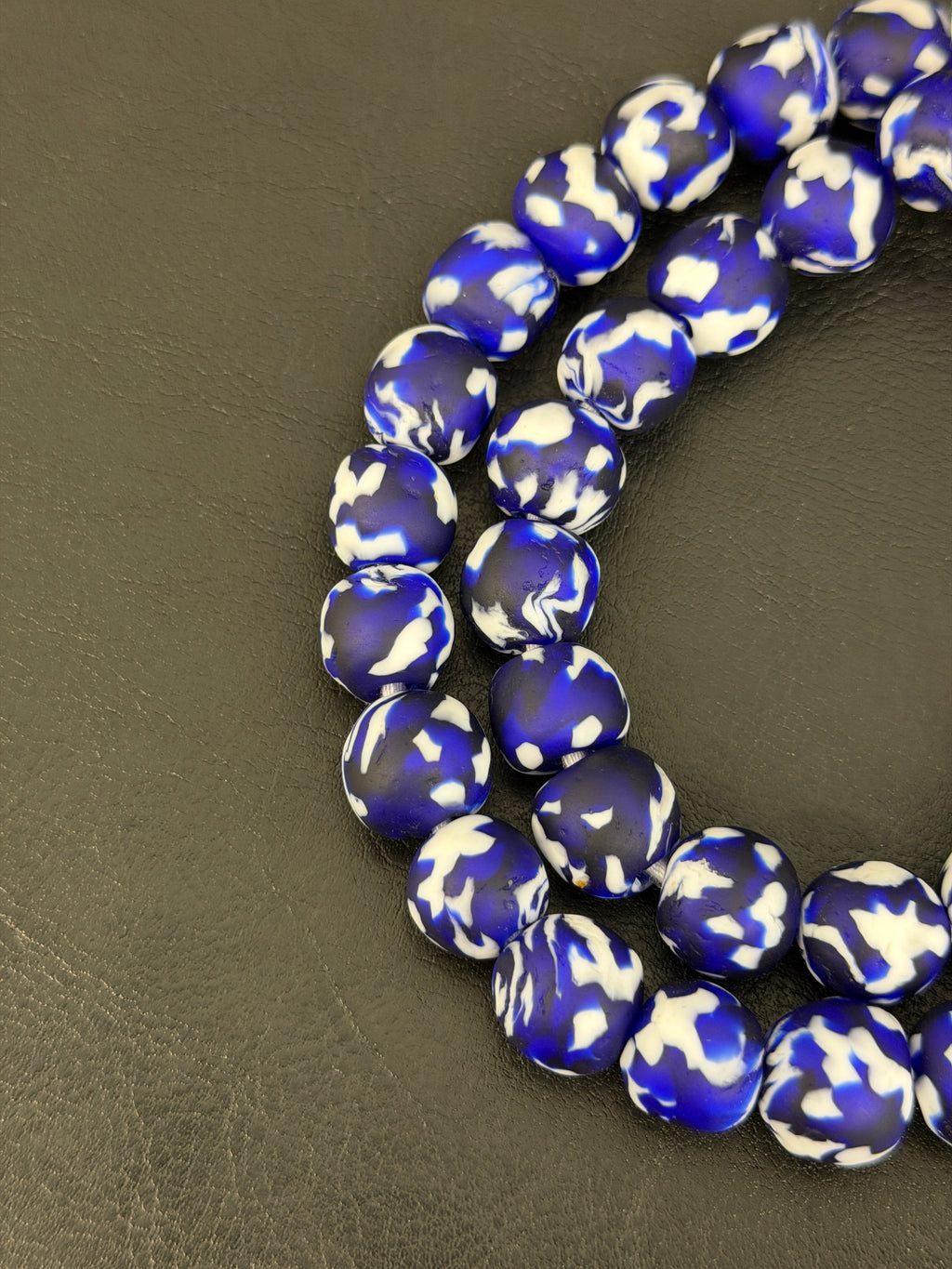 Fused Krobo Recycled Glass Beads 12–14mm | Cobalt Blue, Ivory & Black Handmade African Glass Beads from Ghana