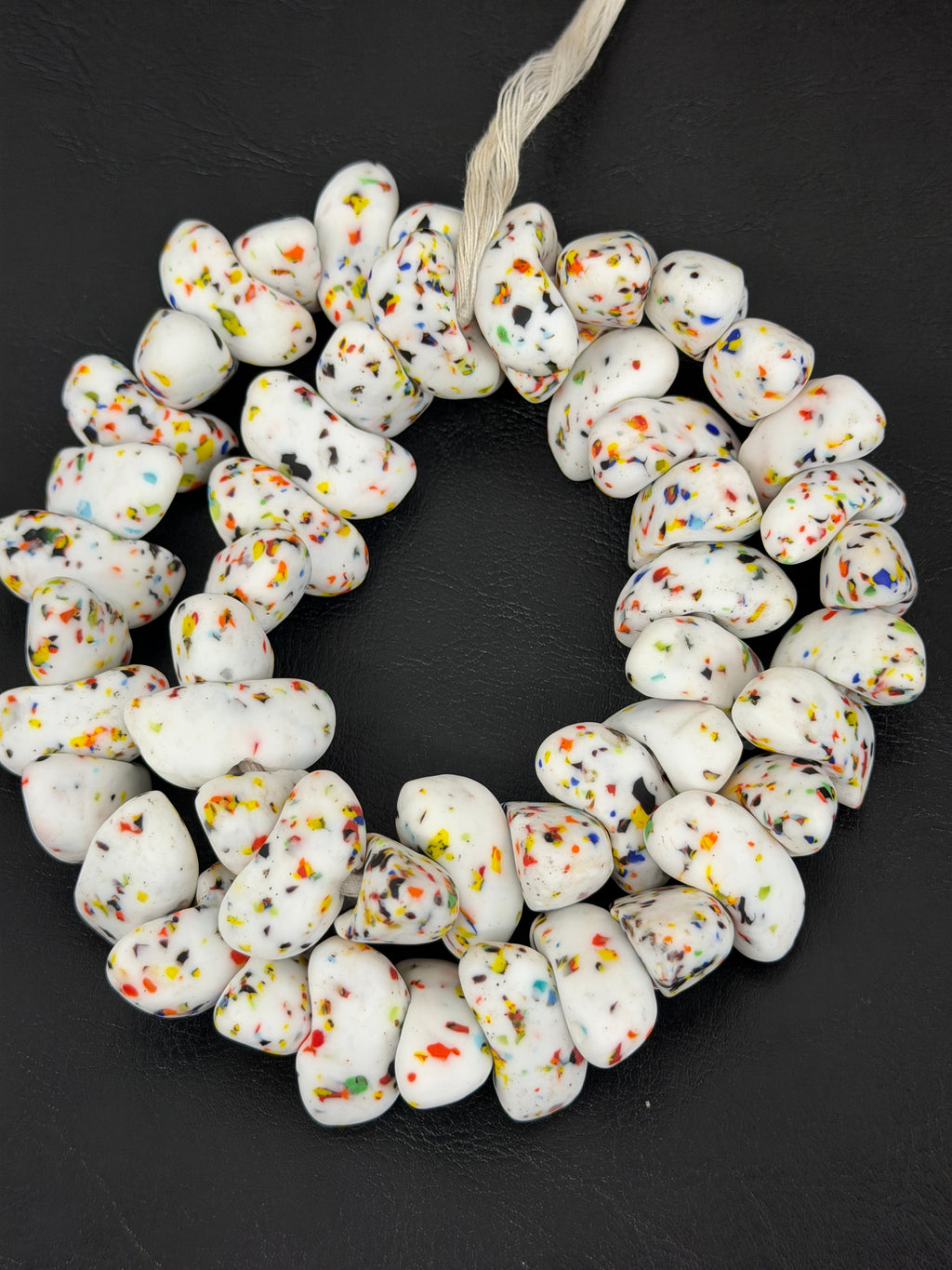 XL Confetti Snow Canoe-Shaped Krobo Powdered Glass Beads | White Multicolor Recycled Glass Beads | Handmade African Beads from Ghana