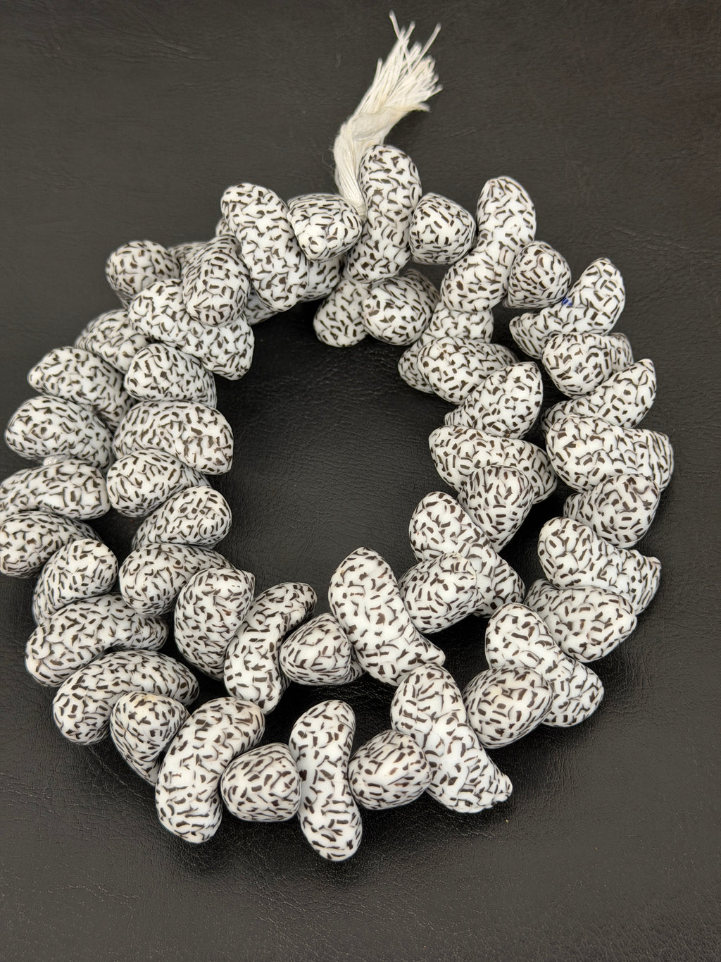 XL Ivory & Espresso Confetti Canoe-Shaped Krobo Powdered Glass Beads | Handmade Recycled Glass Beads from Ghana | Large Hole African Designer Beads