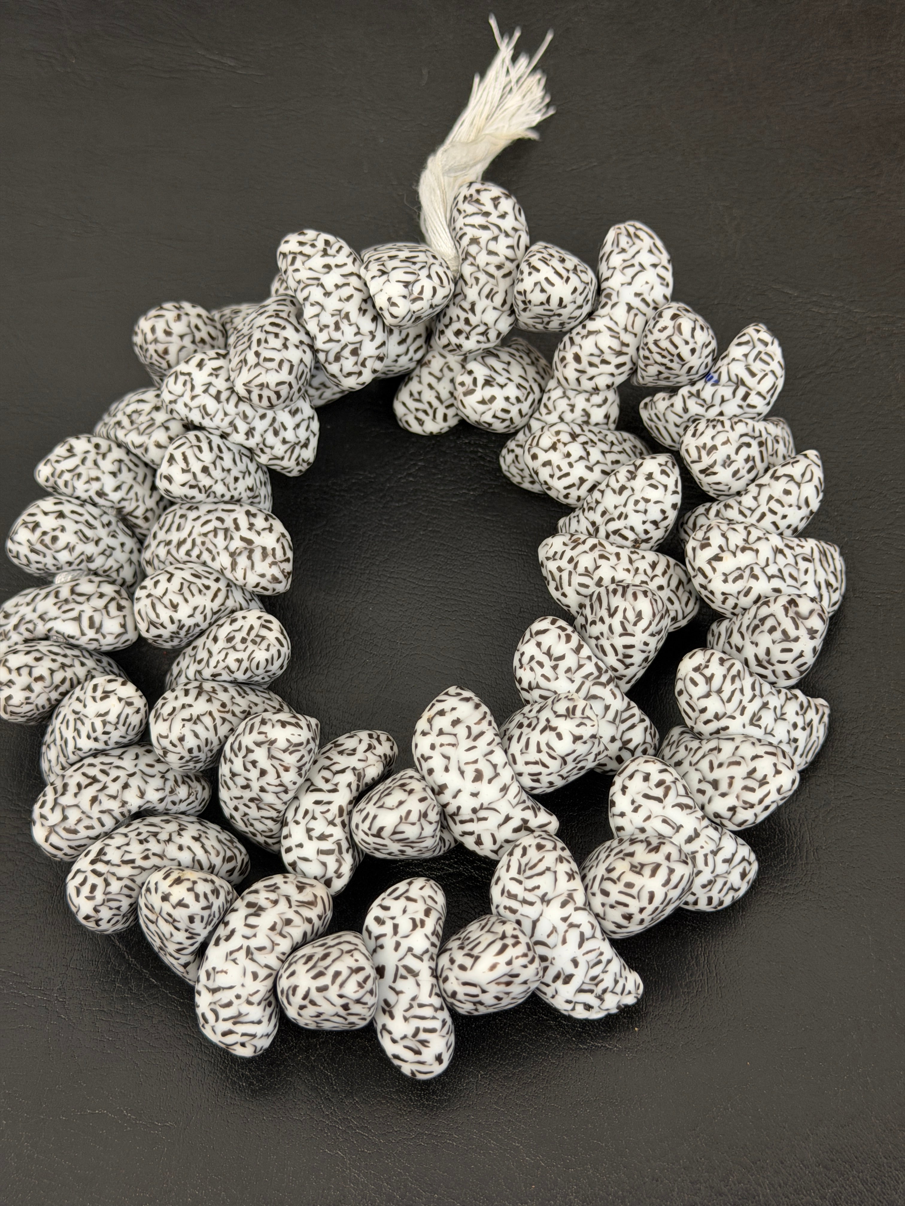 XL Ivory & Espresso Confetti Canoe-Shaped Krobo Powdered Glass Beads | Handmade Recycled Glass Beads from Ghana | Large Hole African Designer Beads