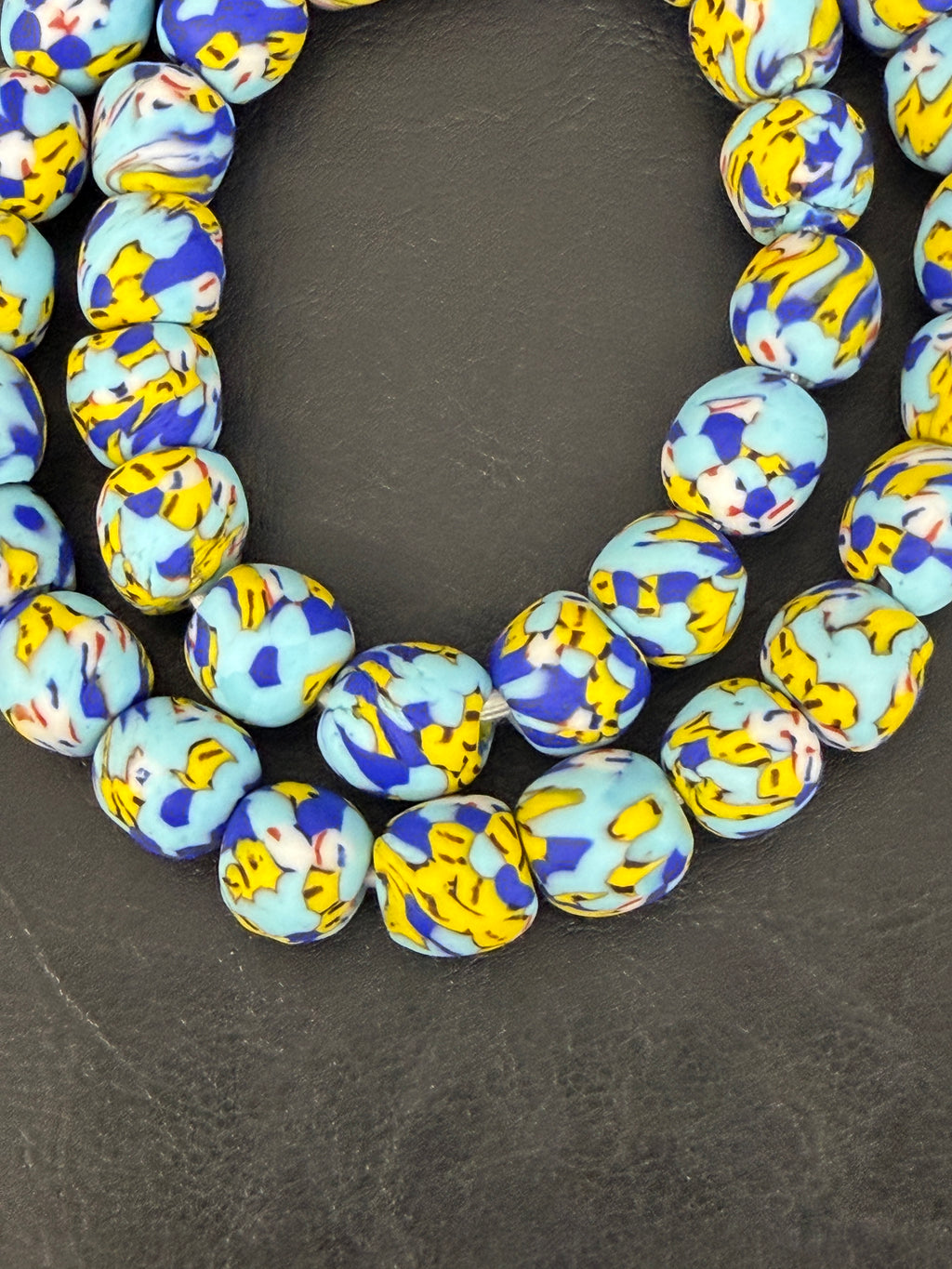Authentic Fused Krobo Recycled Glass Beads 12–14mm | Blue Yellow African Glass Beads | Handmade in Ghana