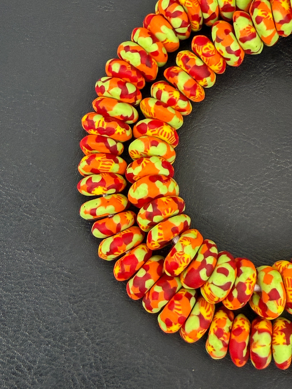 Handmade Orange, Lime Green & Crimson Fused Krobo Rondelle Recycled Glass Beads | Sustainable African Designer Beads