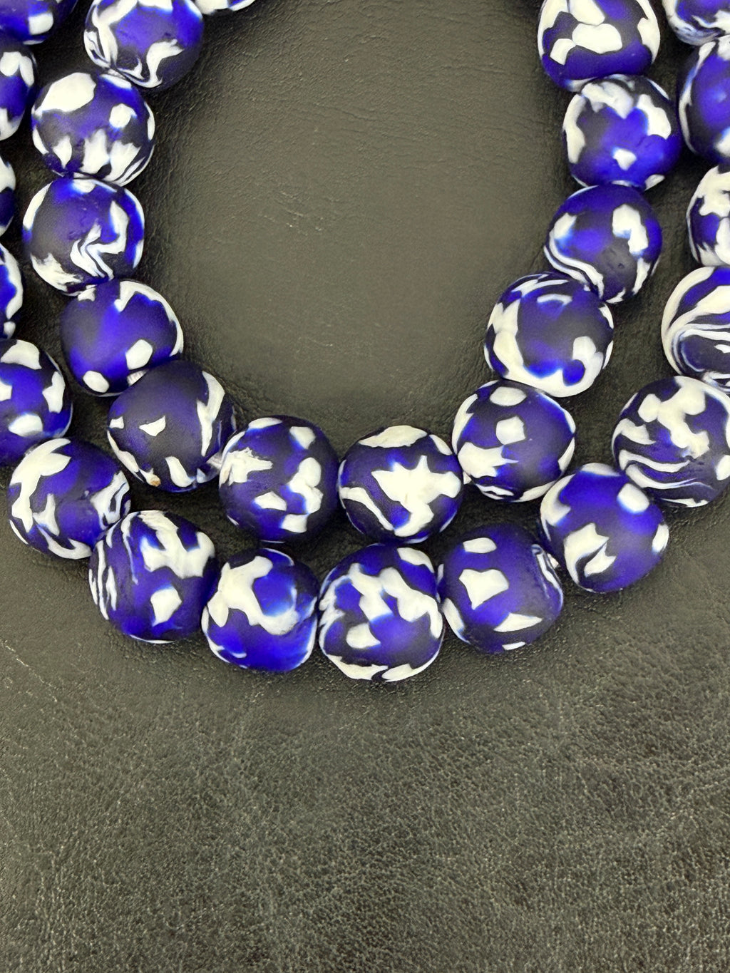Fused Krobo Recycled Glass Beads 12–14mm | Cobalt Blue, Ivory & Black Handmade African Glass Beads from Ghana