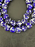 Fused Krobo Recycled Glass Beads 12–14mm | Cobalt Blue, Ivory & Black Handmade African Glass Beads from Ghana