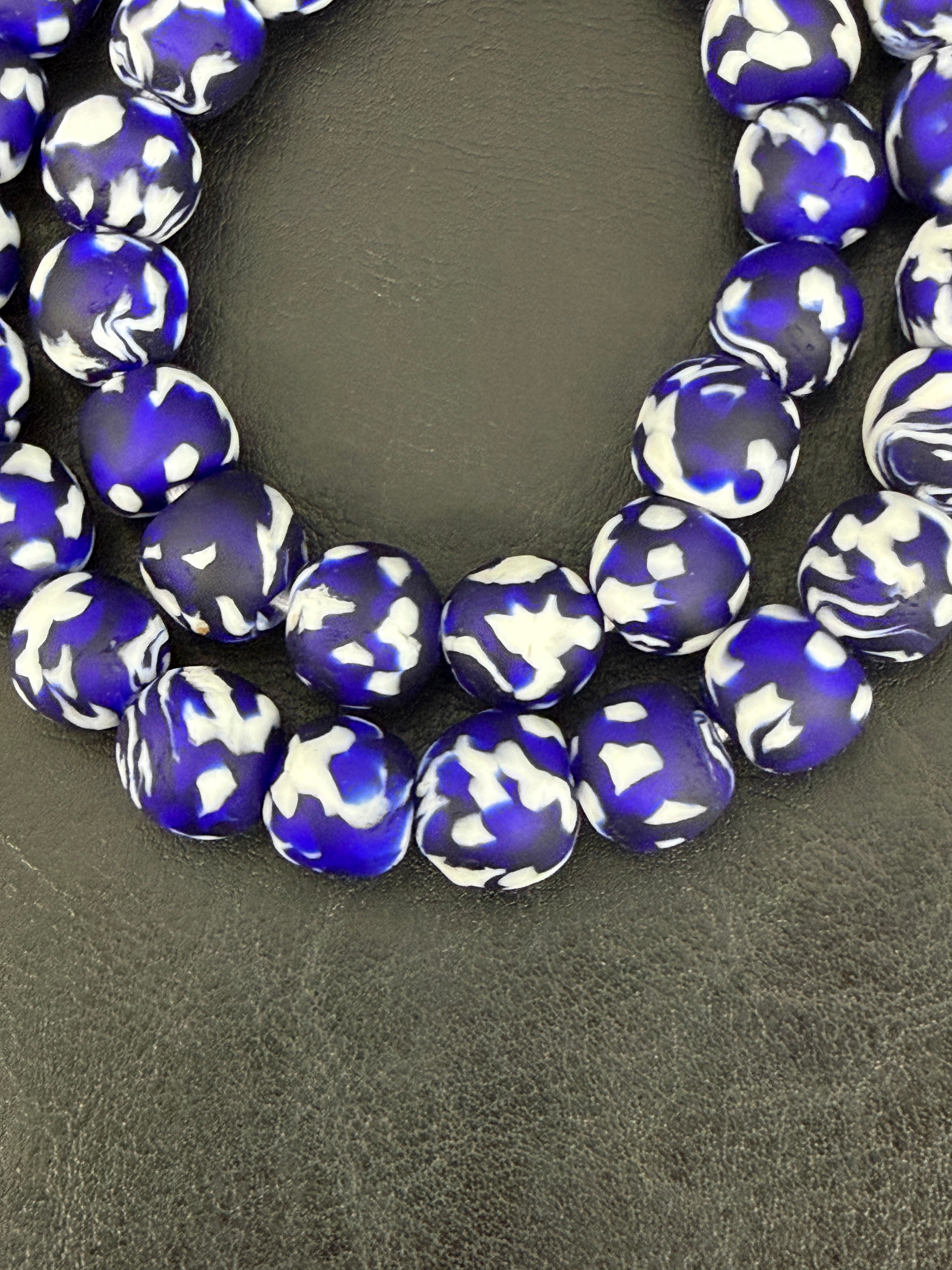 Fused Krobo Recycled Glass Beads 12–14mm | Cobalt Blue, Ivory & Black Handmade African Glass Beads from Ghana