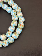 Sky Blue & Ivory Fused Krobo Recycled Glass Beads 12–14mm | Handmade African Glass Beads from Ghana | 44 Beads Per Strand