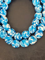 Fused Krobo Recycled Glass Beads 12–14mm | Aqua Blue & Ivory Handmade African Glass Beads from Ghana