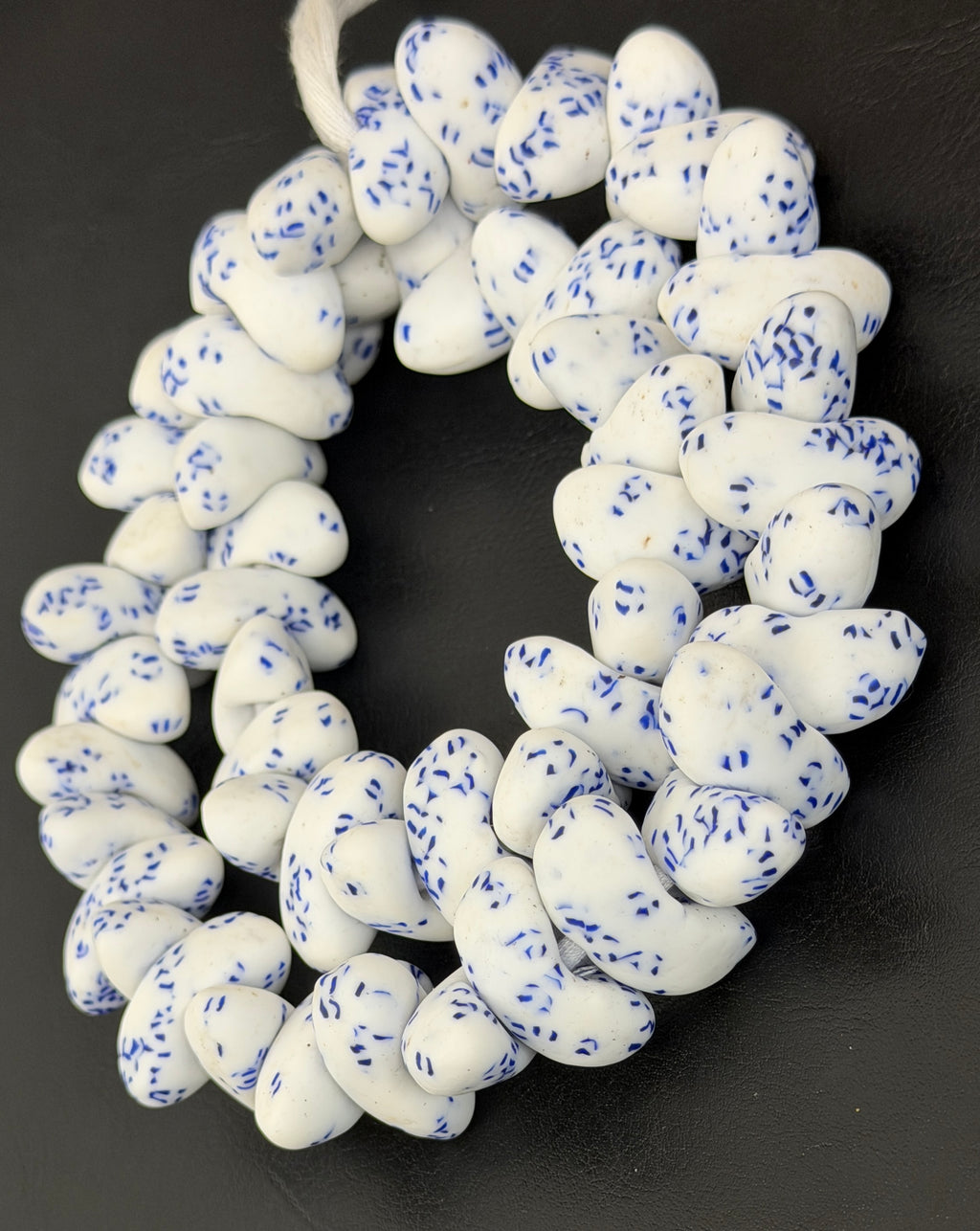 XL White & Cobalt Blue Canoe-Shaped Krobo Powdered Glass Beads | Handmade Recycled Glass Beads from Ghana | African Statement Beads
