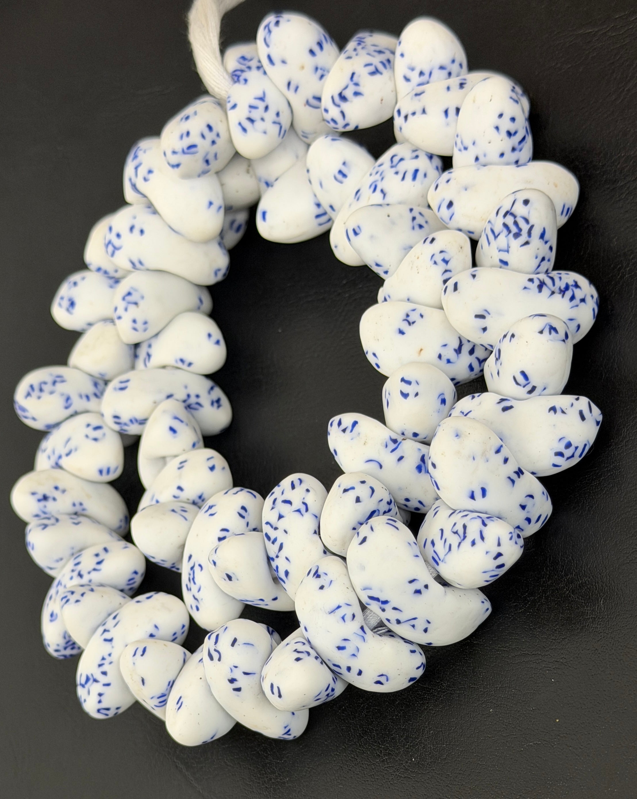 XL White & Cobalt Blue Canoe-Shaped Krobo Powdered Glass Beads | Handmade Recycled Glass Beads from Ghana | African Statement Beads