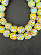 Sky Blue & Ivory Fused Krobo Recycled Glass Beads 12–14mm | Handmade African Glass Beads from Ghana | 44 Beads Per Strand