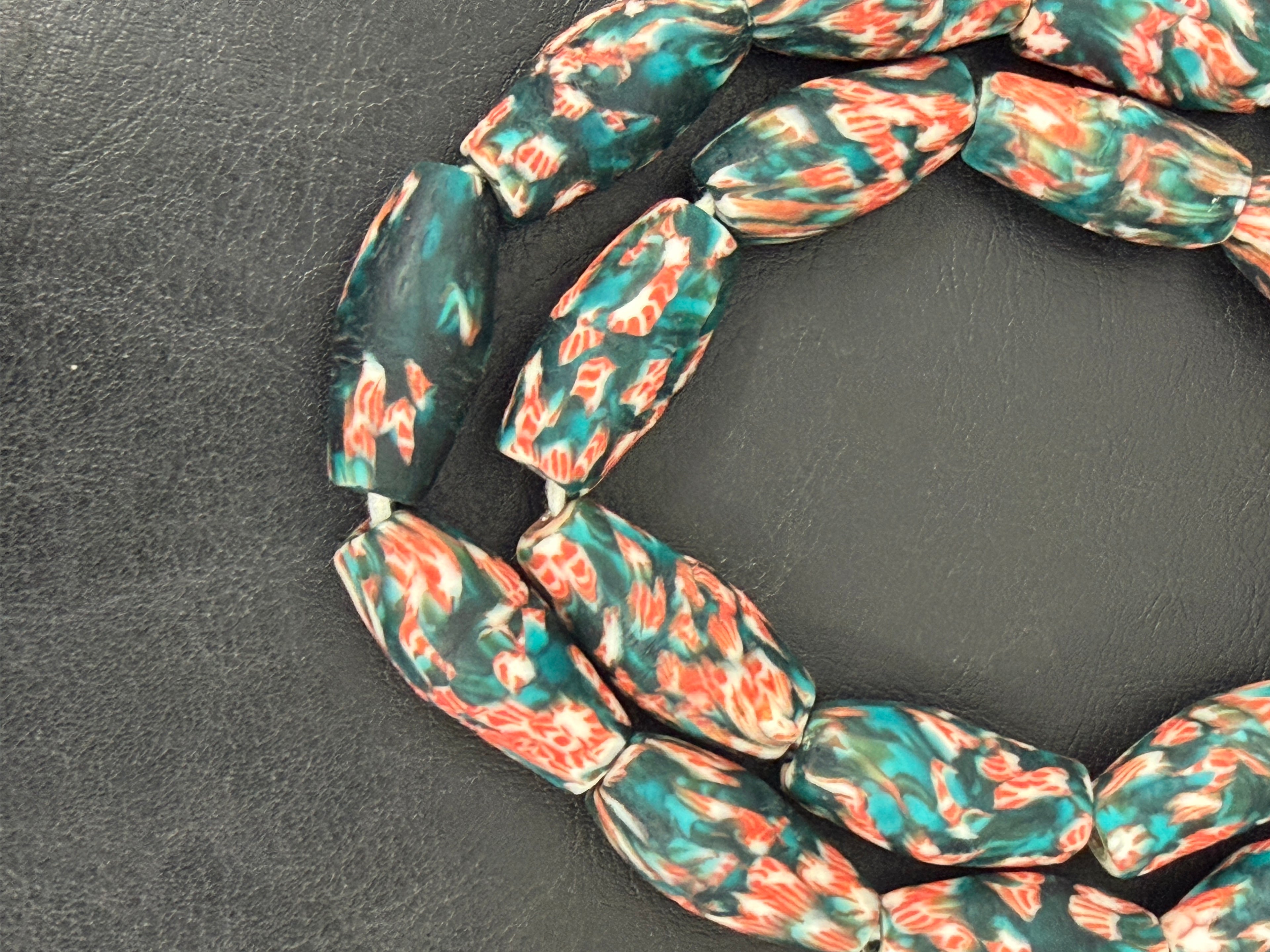 Teal and Coral Fused Krobo Recycled Glass Beads, Handmade African Glass Beads, Ghana Statement Jewelry Supplies
