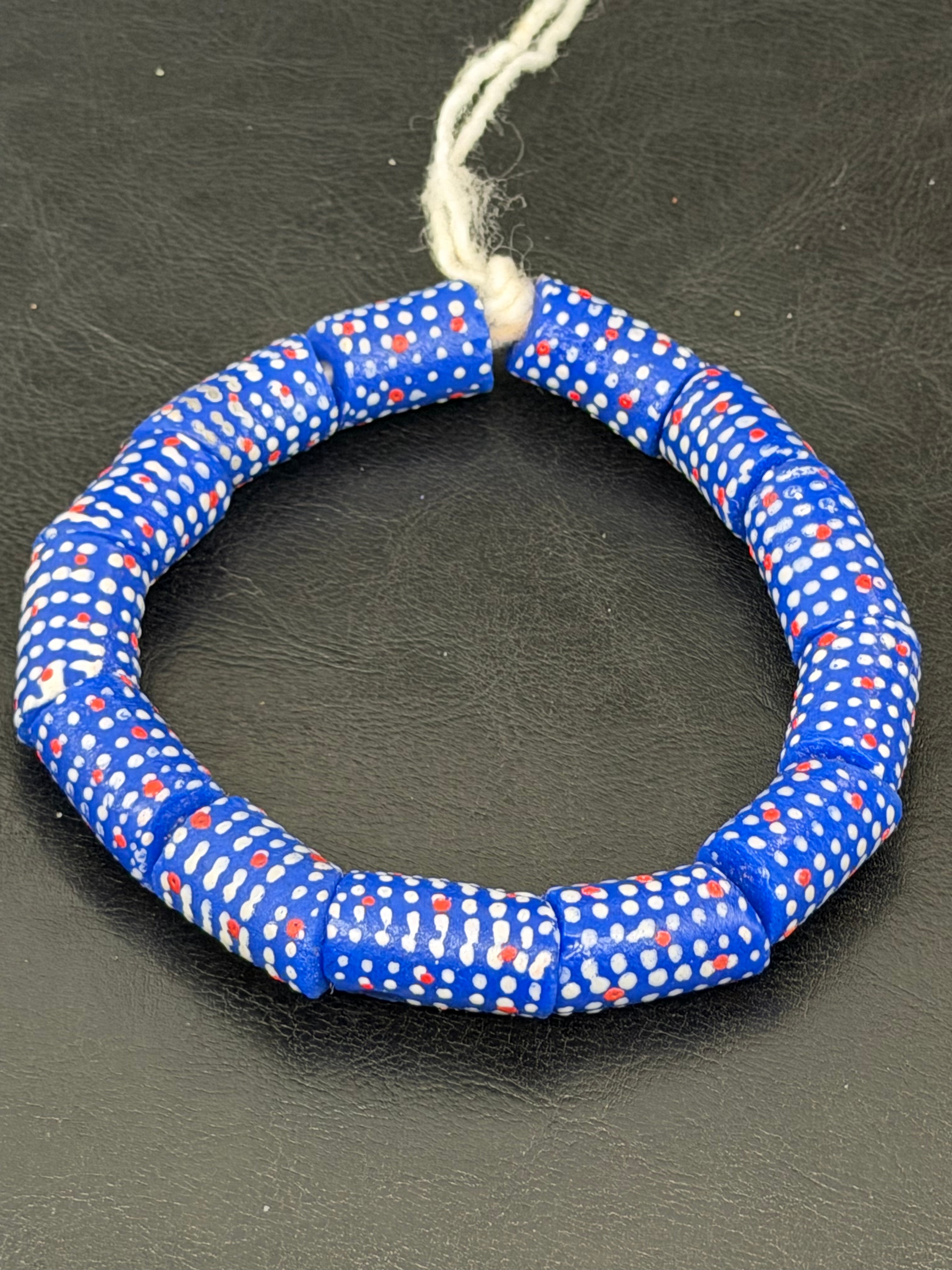 Stars & Stripes Krobo Glass Beads | Royal Blue Polka Dot Long Tube Beads | Handcrafted Ghana Recycled Glass Beads