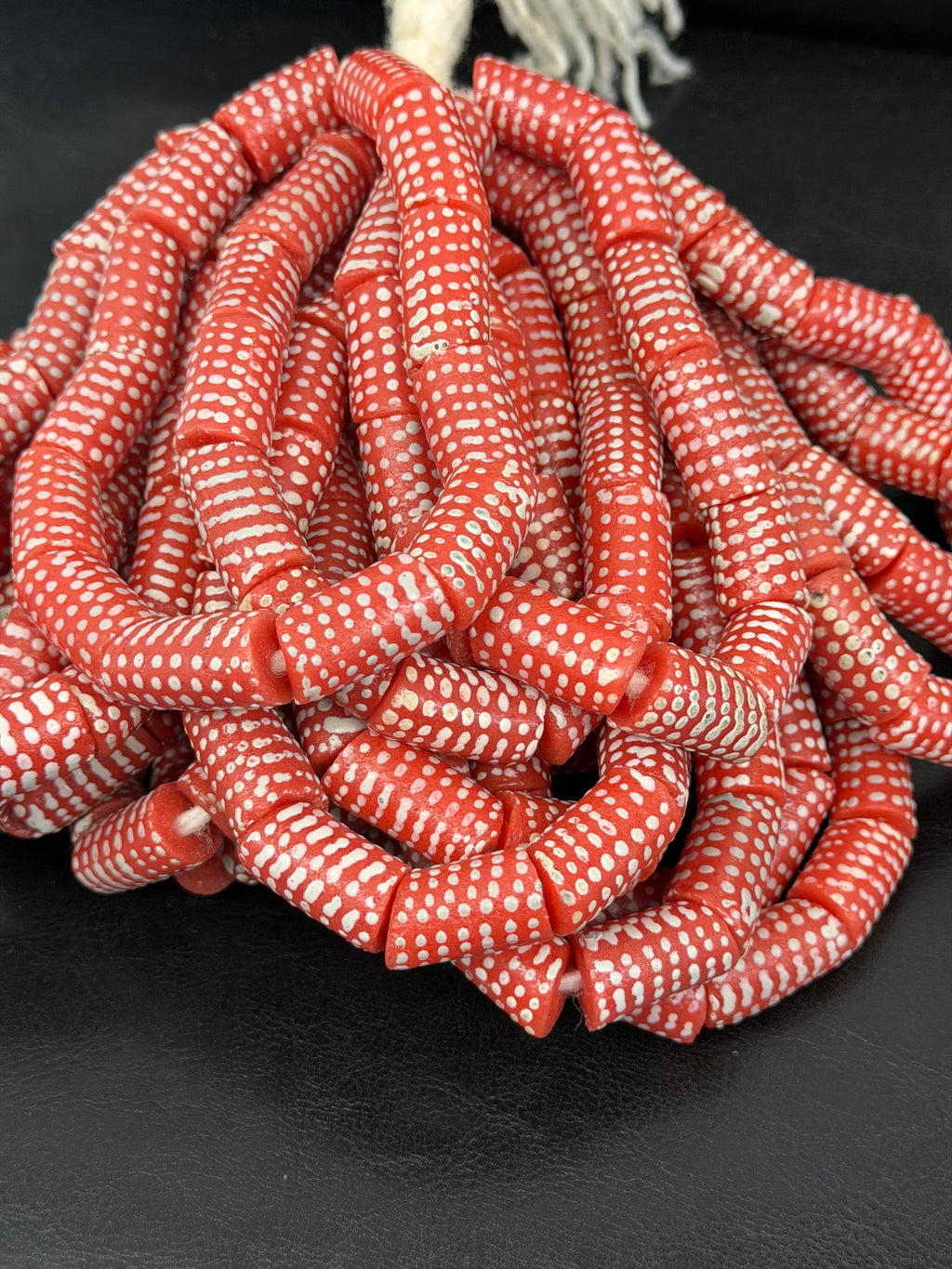 Painted Krobo Glass Beads | Red & White Polka Dot Long Tube Beads | Handcrafted Ghana Recycled Glass Beads