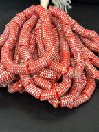 Painted Krobo Glass Beads | Red & White Polka Dot Long Tube Beads | Handcrafted Ghana Recycled Glass Beads