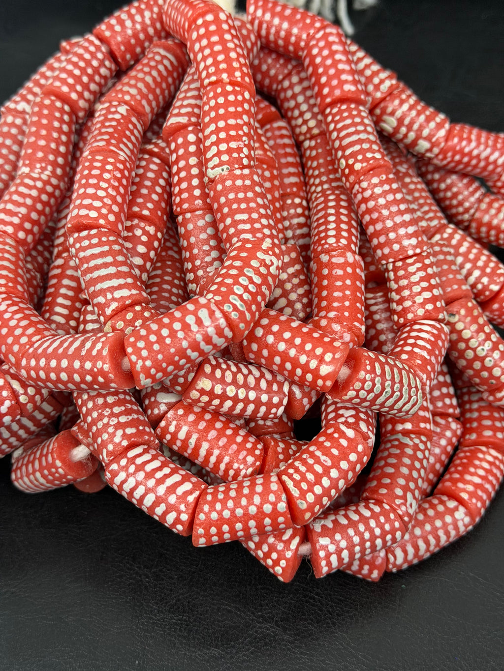 Painted Krobo Glass Beads | Red & White Polka Dot Long Tube Beads | Handcrafted Ghana Recycled Glass Beads