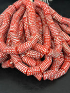Painted Krobo Glass Beads | Red & White Polka Dot Long Tube Beads | Handcrafted Ghana Recycled Glass Beads