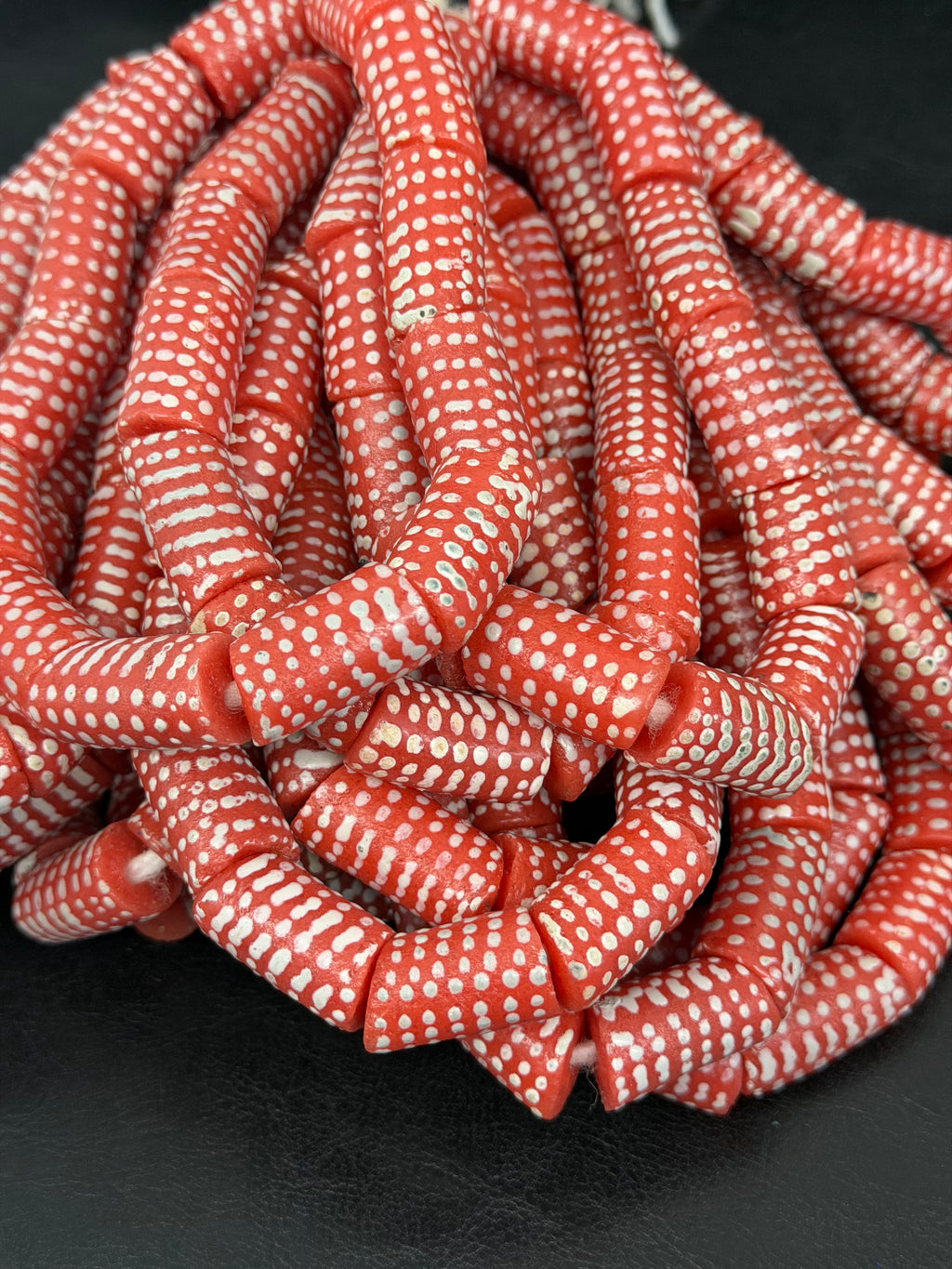 Painted Krobo Glass Beads | Red & White Polka Dot Long Tube Beads | Handcrafted Ghana Recycled Glass Beads