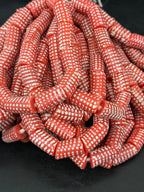 Painted Krobo Glass Beads | Red & White Polka Dot Long Tube Beads | Handcrafted Ghana Recycled Glass Beads