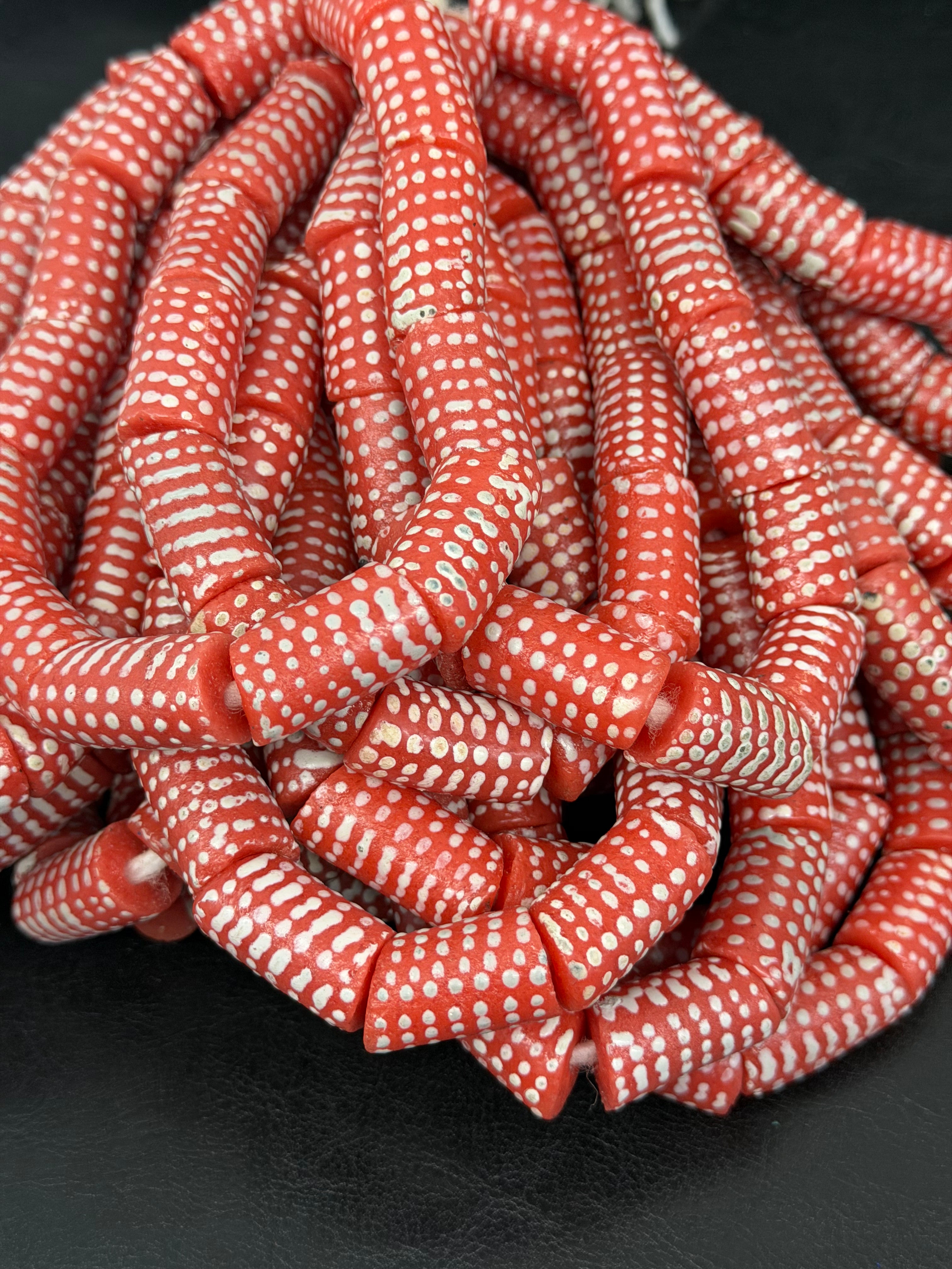 Painted Krobo Glass Beads | Red & White Polka Dot Long Tube Beads | Handcrafted Ghana Recycled Glass Beads