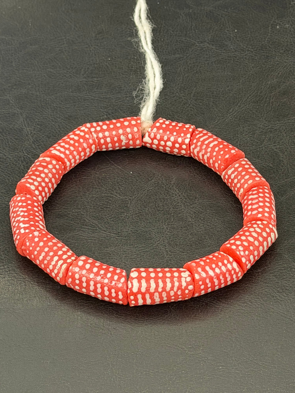 Painted Krobo Glass Beads | Red & White Polka Dot Long Tube Beads | Handcrafted Ghana Recycled Glass Beads