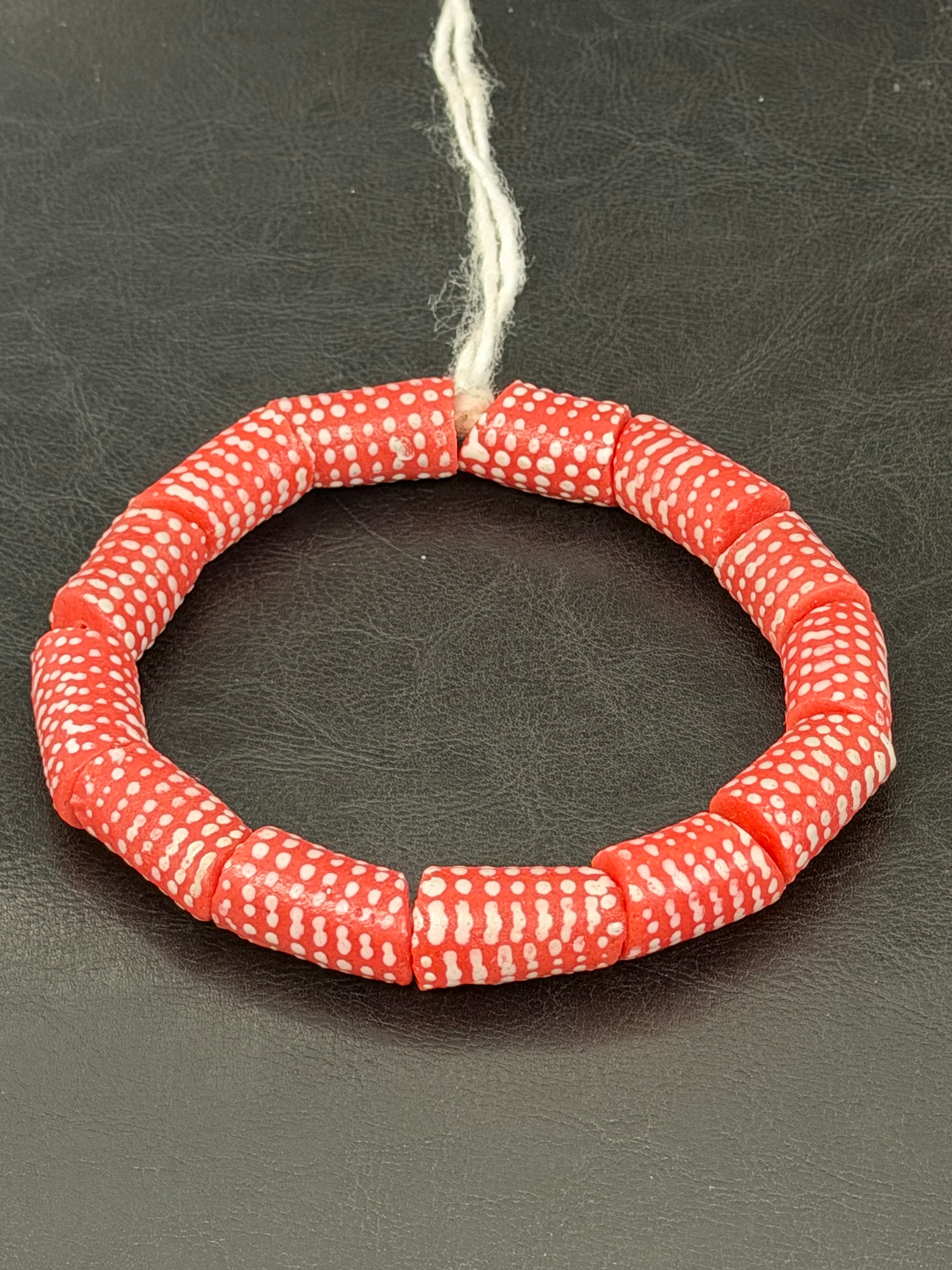 Painted Krobo Glass Beads | Red & White Polka Dot Long Tube Beads | Handcrafted Ghana Recycled Glass Beads