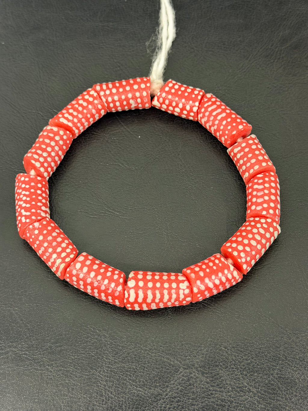 Painted Krobo Glass Beads | Red & White Polka Dot Long Tube Beads | Handcrafted Ghana Recycled Glass Beads