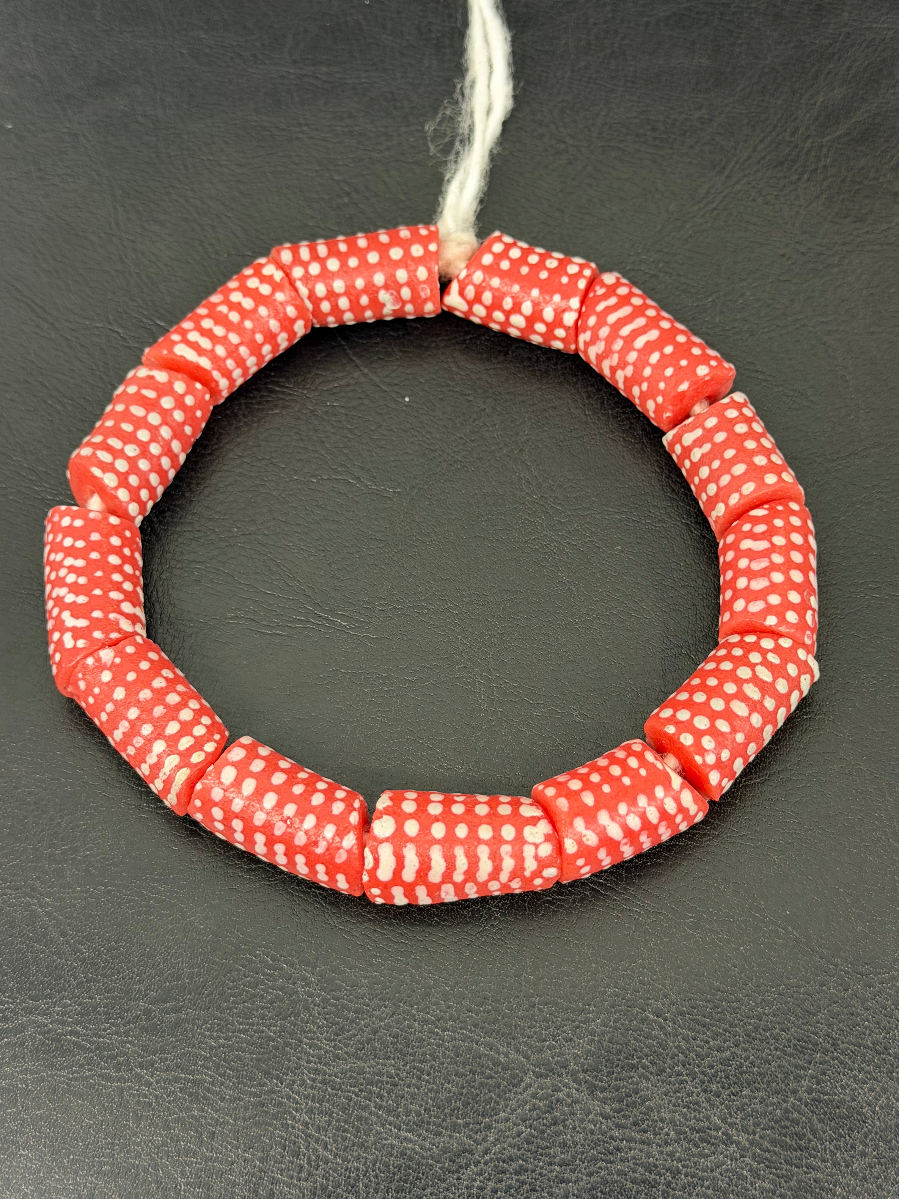 Painted Krobo Glass Beads | Red & White Polka Dot Long Tube Beads | Handcrafted Ghana Recycled Glass Beads