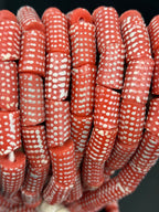 Painted Krobo Glass Beads | Red & White Polka Dot Long Tube Beads | Handcrafted Ghana Recycled Glass Beads