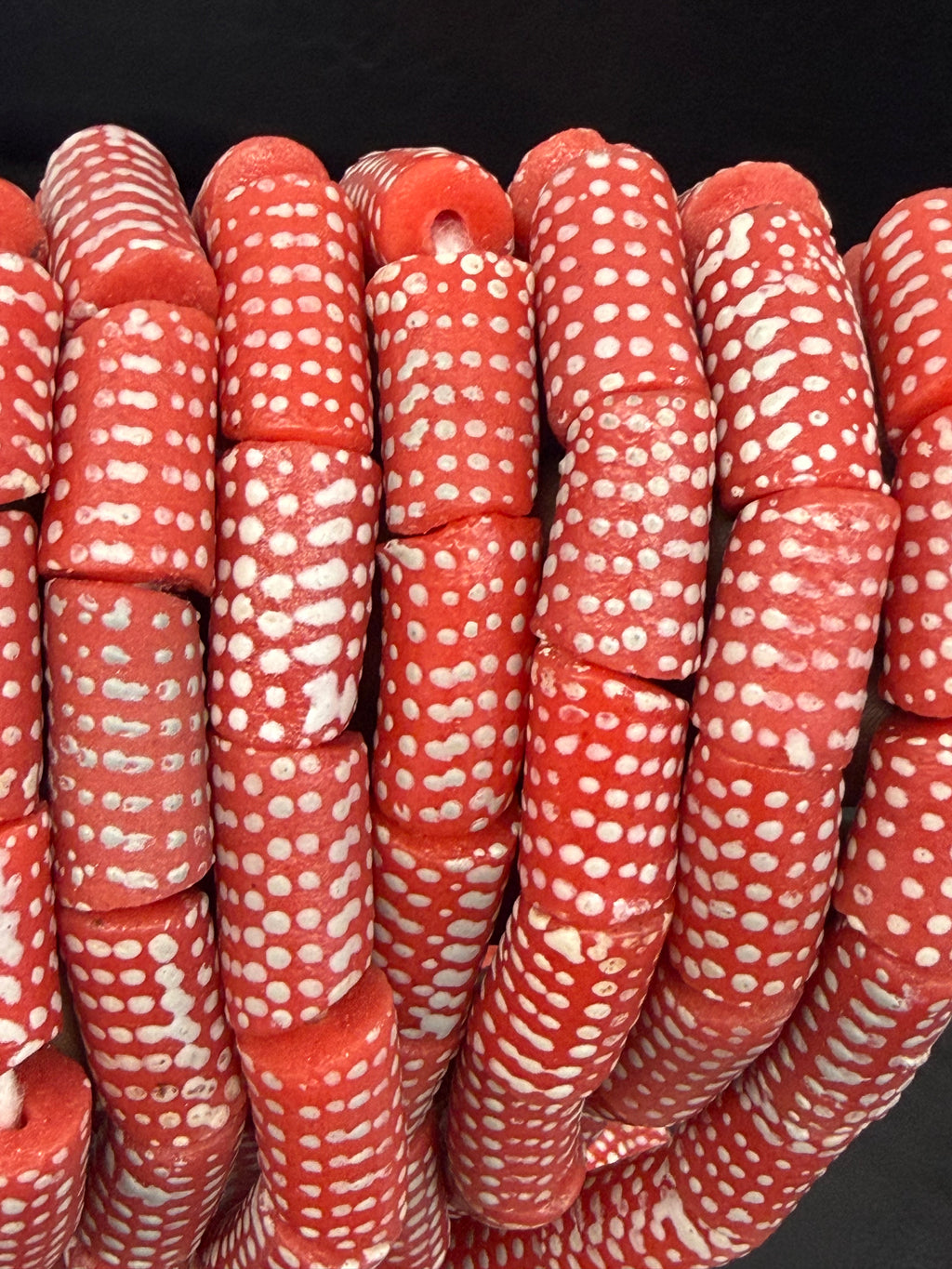 Painted Krobo Glass Beads | Red & White Polka Dot Long Tube Beads | Handcrafted Ghana Recycled Glass Beads