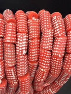 Painted Krobo Glass Beads | Red & White Polka Dot Long Tube Beads | Handcrafted Ghana Recycled Glass Beads