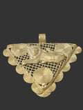 Oversized African brass lion pendant from Ghana with Adinkrahene-inspired concentric circular motifs.