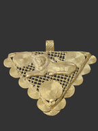 Oversized African brass lion pendant from Ghana with Adinkrahene-inspired concentric circular motifs.